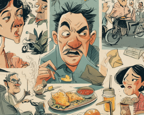 filipino food essay delivery riders waiting by a carinderia at dusk, paper bags, helmets, steam, curbside pause