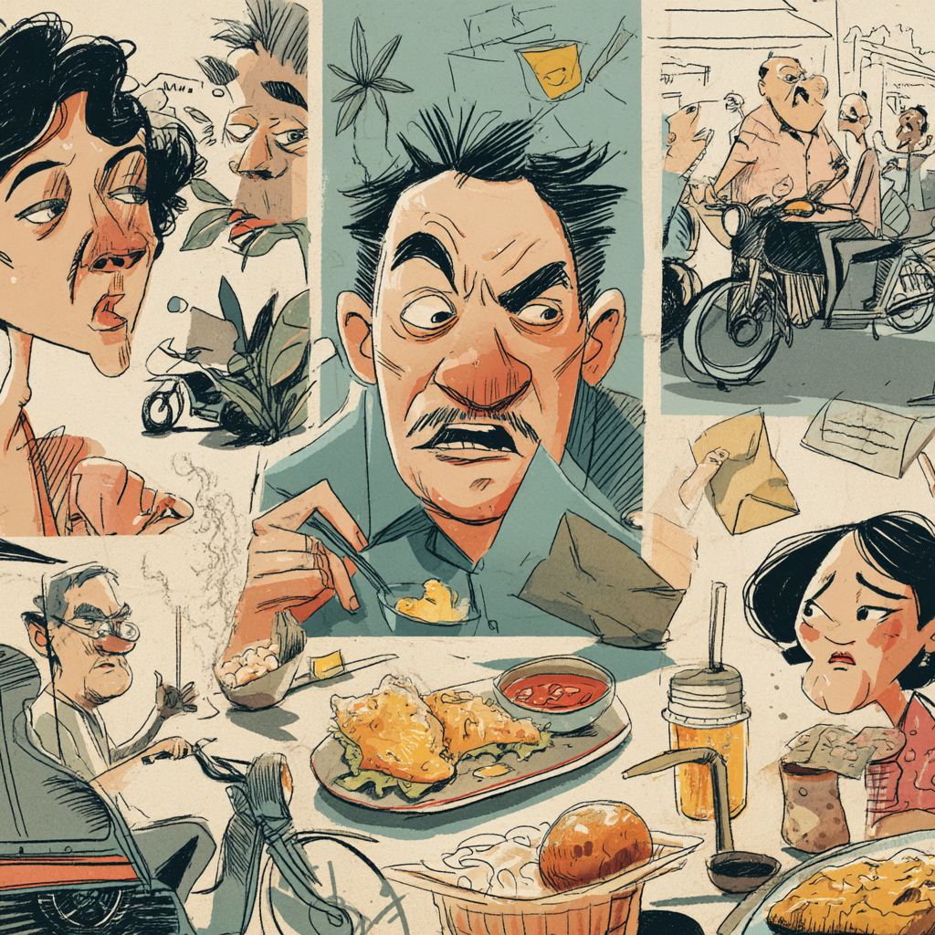 filipino food essay delivery riders waiting by a carinderia at dusk, paper bags, helmets, steam, curbside pause