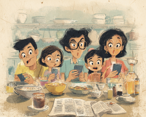 A Filipino Food Essay about digital food culture in a Manila eatery where phones hover over steaming goto while one diner lowers the screen to eat.