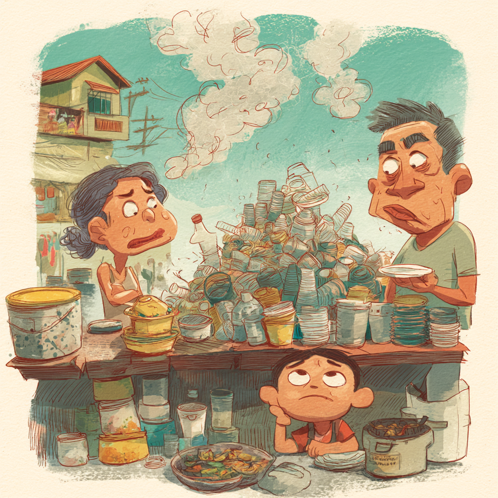 A Filipino Food Essay about a Filipino fiesta table with reusable plates, smaller dishes, and fewer trash bags after the celebration