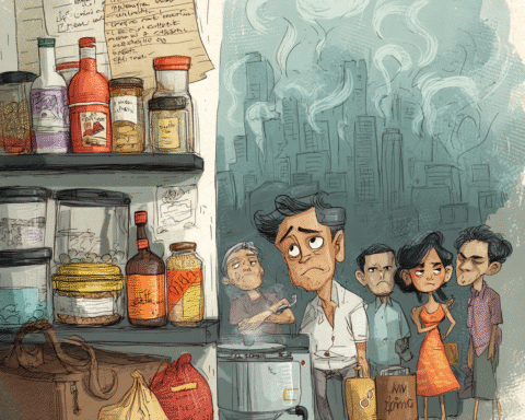 A Filipino Food Essay about a cramped OFW kitchen shelf, a filipino pantry of sauces, frozen stews, and rice cooker beside luggage.