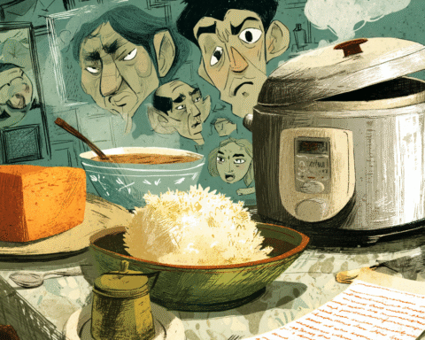 A small bowl domed with rice anchors Filipino rice culture while a spoon hovers, unsure.