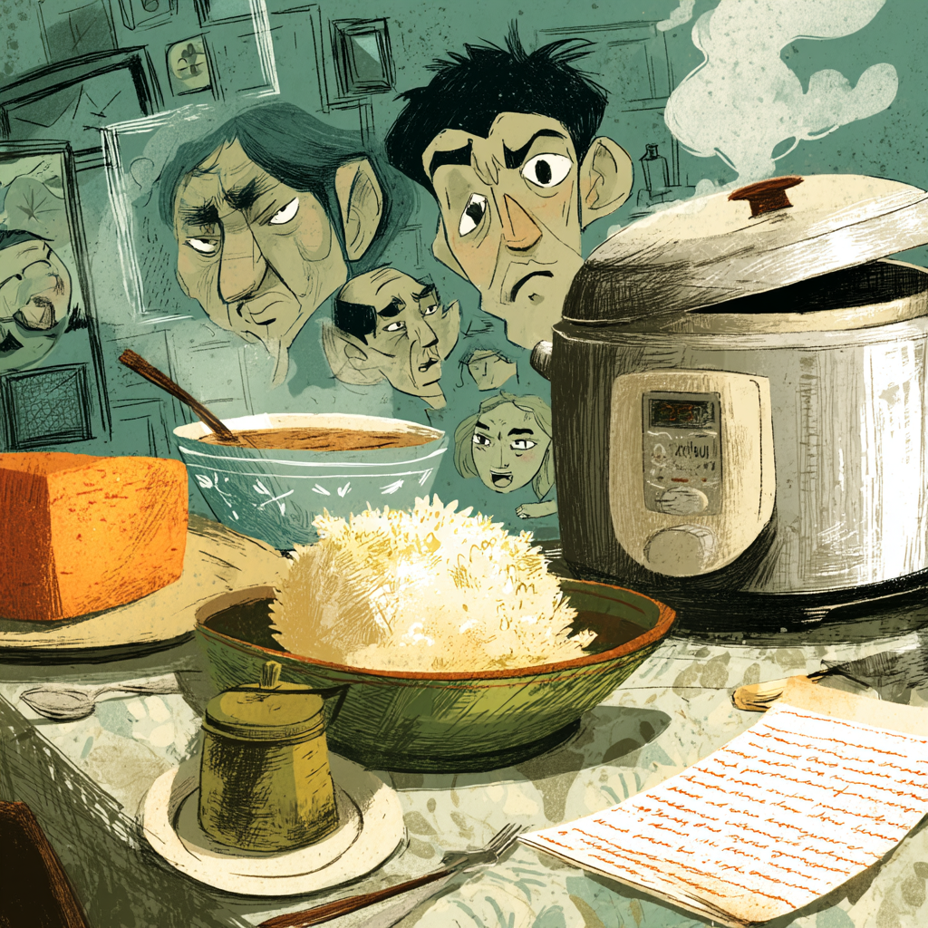 A small bowl domed with rice anchors Filipino rice culture while a spoon hovers, unsure.