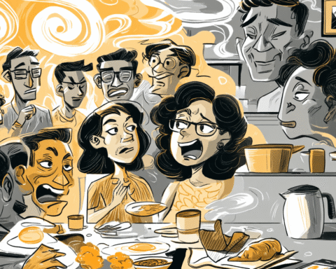 A Filipino Food Essay about a Filipino silog breakfast plate on a family table beside a lone takeaway coffee cup and pastry wrapper