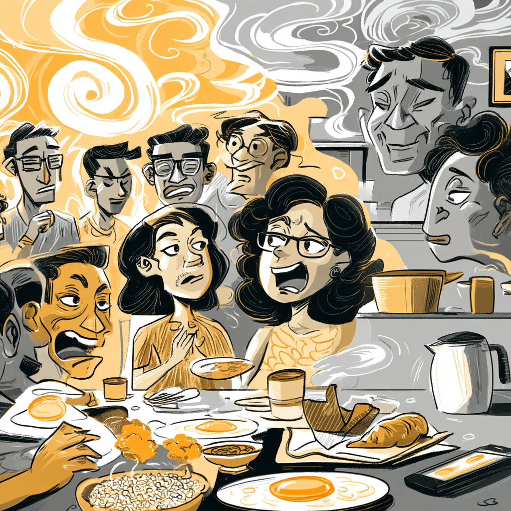 A Filipino Food Essay about a Filipino silog breakfast plate on a family table beside a lone takeaway coffee cup and pastry wrapper
