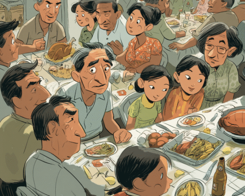 A Filipino Food Essay about a Filipino Thanksgiving table in a garage with pansit, lumpia, lechon, rice, and turkey sharing one feast.A Filipino Food Essay about a Filipino Thanksgiving table in a garage with pansit, lumpia, lechon, rice, and turkey sharing one feast.v