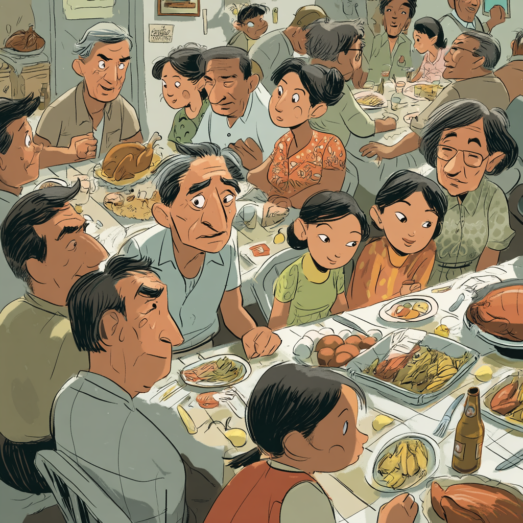 A Filipino Food Essay about a Filipino Thanksgiving table in a garage with pansit, lumpia, lechon, rice, and turkey sharing one feast.A Filipino Food Essay about a Filipino Thanksgiving table in a garage with pansit, lumpia, lechon, rice, and turkey sharing one feast.v