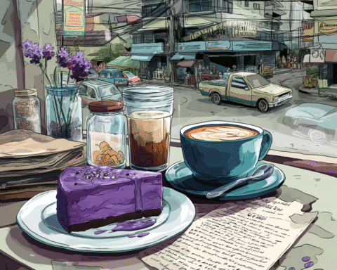 A Filipino Food Essay about Filipino ube dessert from home cooked ube halaya to lattes and croissants in city cafes.