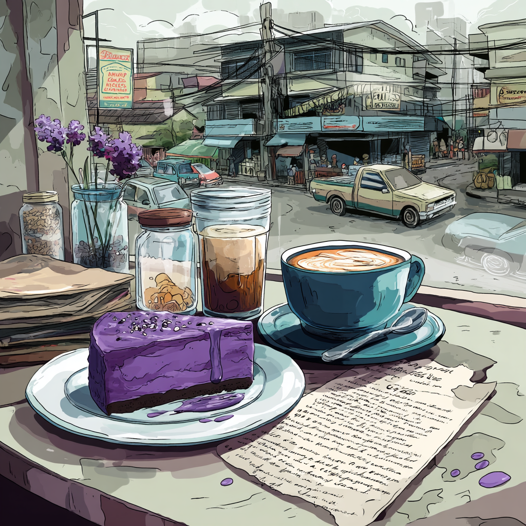 A Filipino Food Essay about Filipino ube dessert from home cooked ube halaya to lattes and croissants in city cafes.