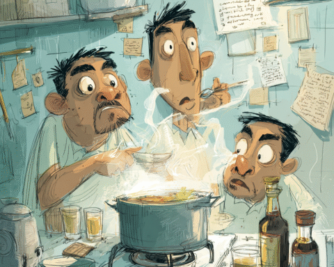 A Filipino Food Essay about Filipino adobo simmering in a cramped overseas kitchen as a migrant cook tastes and adjusts the sauce from a worn spoon.