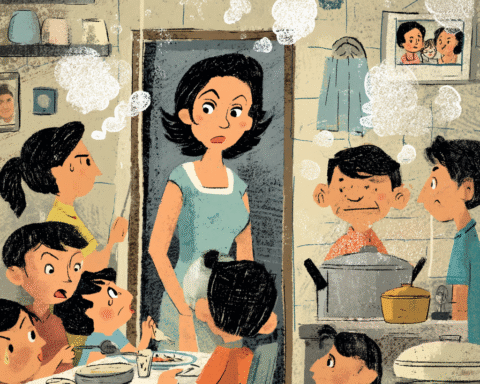 A Filipino Food Essay about a Filipino mother standing between kitchen and table while her family eats in a small Filipino household