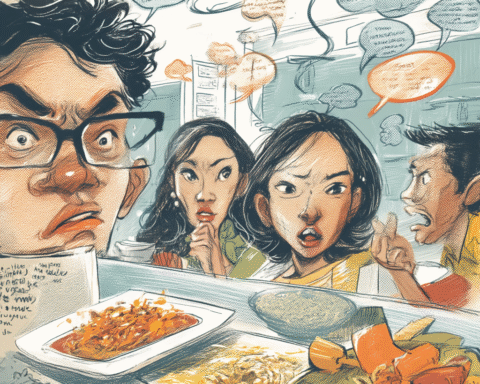 A Filipino Food Essay about food inequality in buffets and tasting menus, a crowded line, steam, a quiet table, price hovering