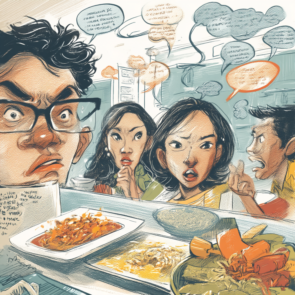 A Filipino Food Essay about food inequality in buffets and tasting menus, a crowded line, steam, a quiet table, price hovering