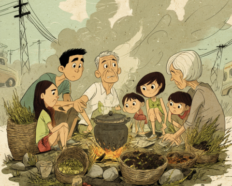 A Filipino Food Essay about indigenous food systems at the forest edge with gathered forest foods in woven baskets beside a smoky fire