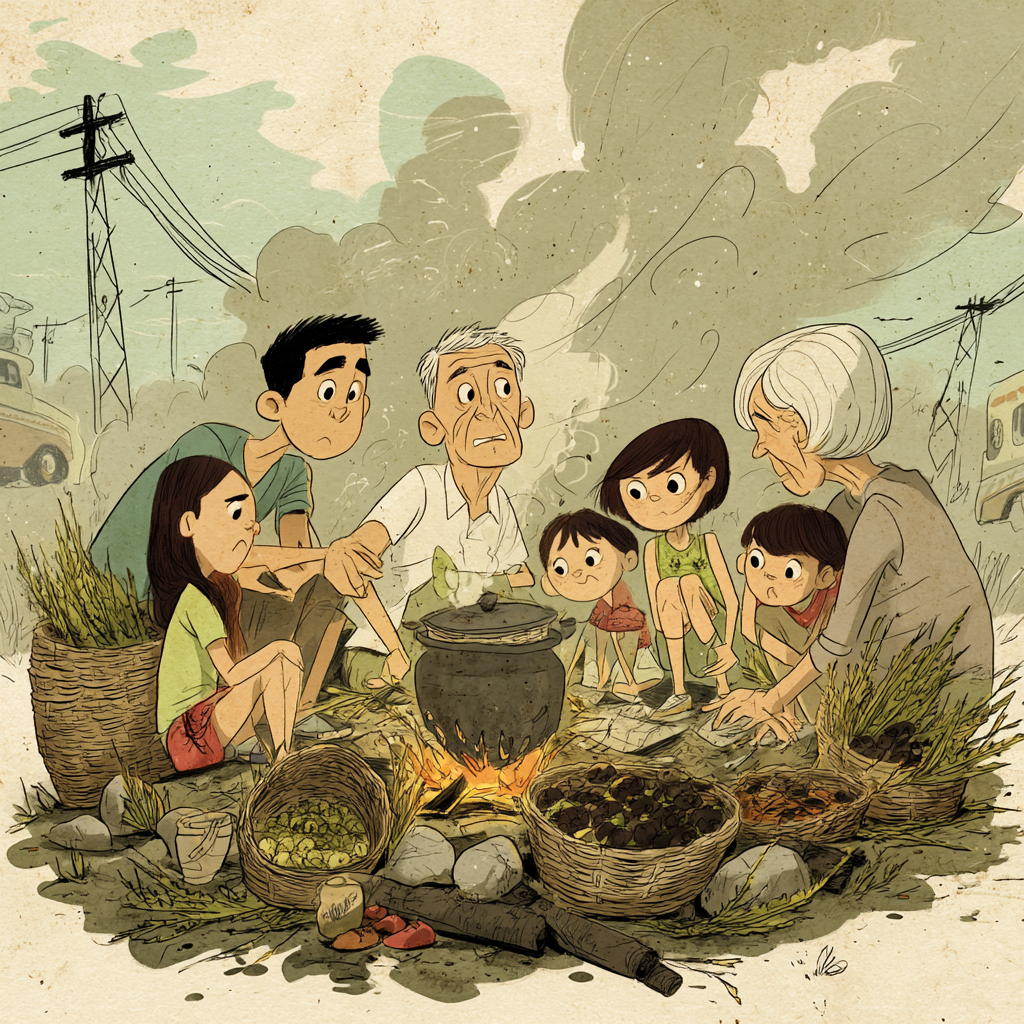 A Filipino Food Essay about indigenous food systems at the forest edge with gathered forest foods in woven baskets beside a smoky fire