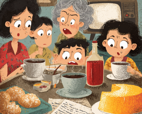 A Filipino Food Essay about sugar and health on a table with coffee, pandesal, and a half-finished sweet dessert plate.