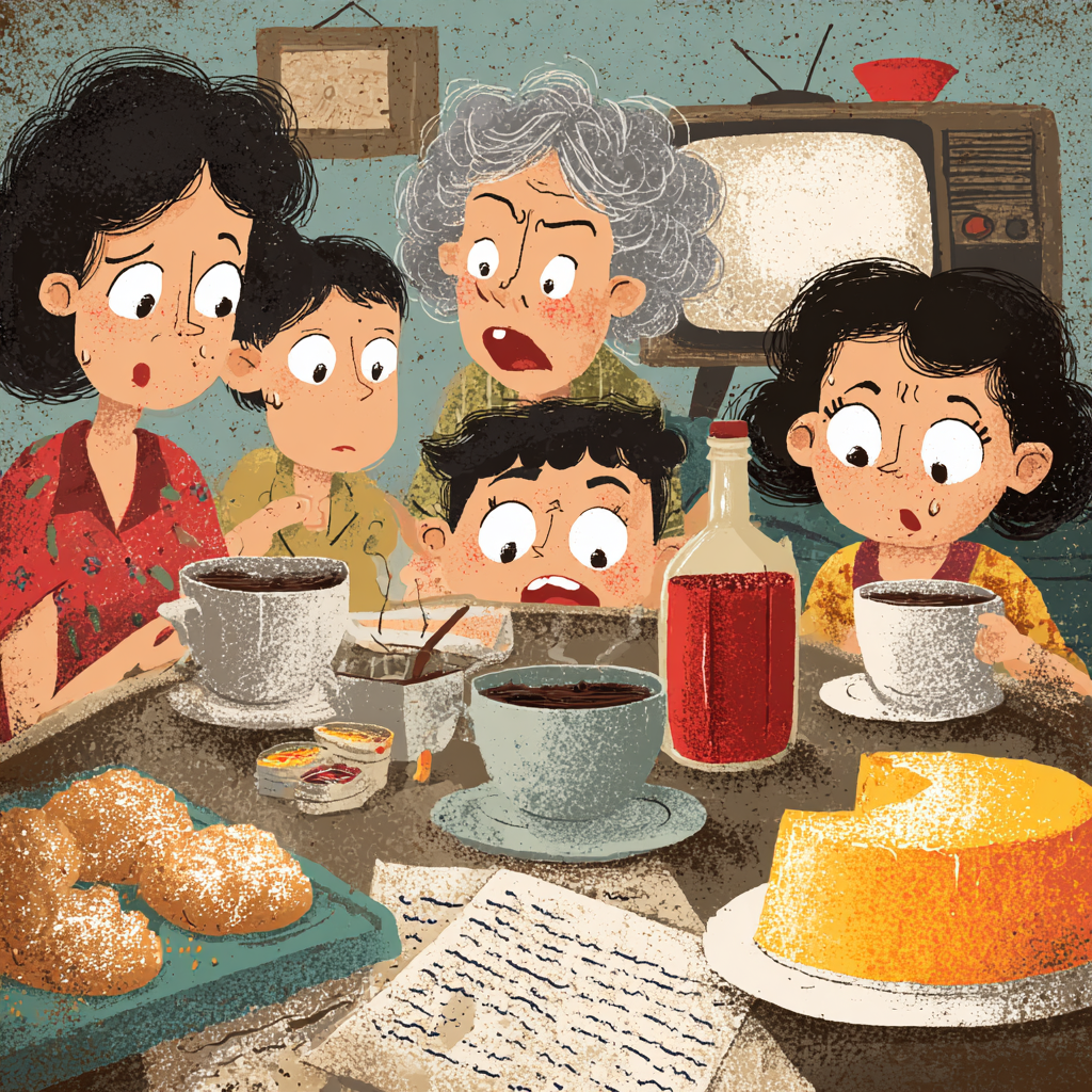 A Filipino Food Essay about sugar and health on a table with coffee, pandesal, and a half-finished sweet dessert plate.