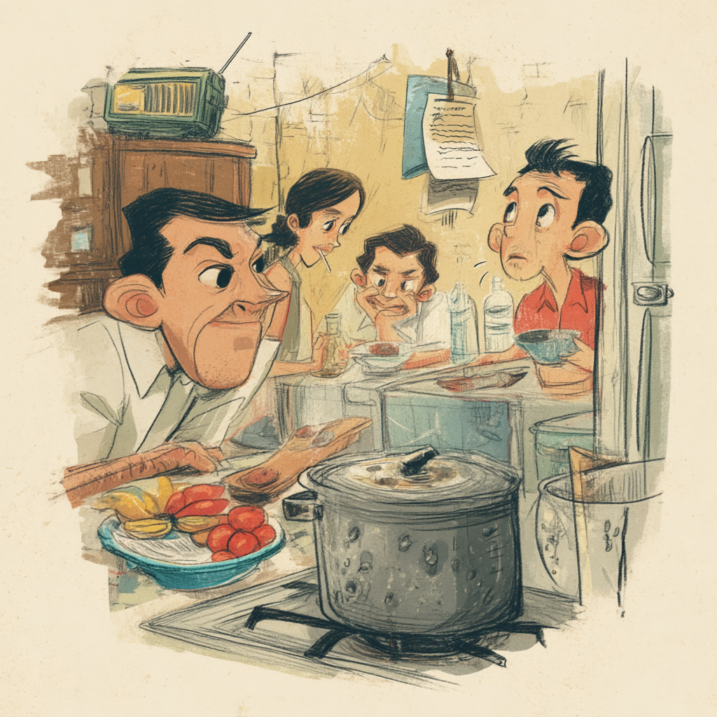 filipino food essay typhoon season recipes, a dented pot, tuyo and rice on a dark stove