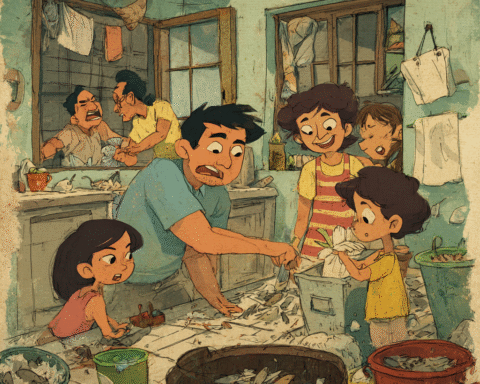 A Filipino Food Essay about zero waste cooking in a crowded Filipino kitchen with scraps, compost pail, and an old santol tree in the background