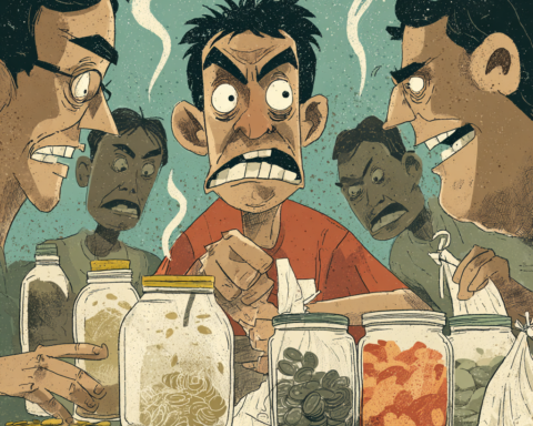 A Filipino food essay about sour jars of atchara and packets of buro on a palengke table.