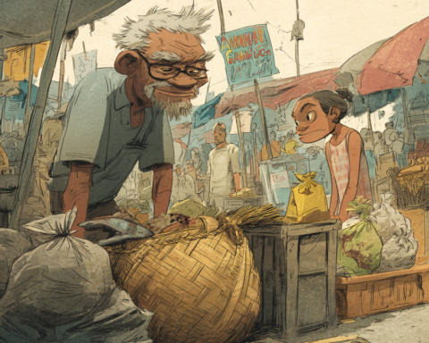 A Filipino Food Essay about a Filipino bayong hanging by a wet market stall, woven leaves and plastic bags side by side.