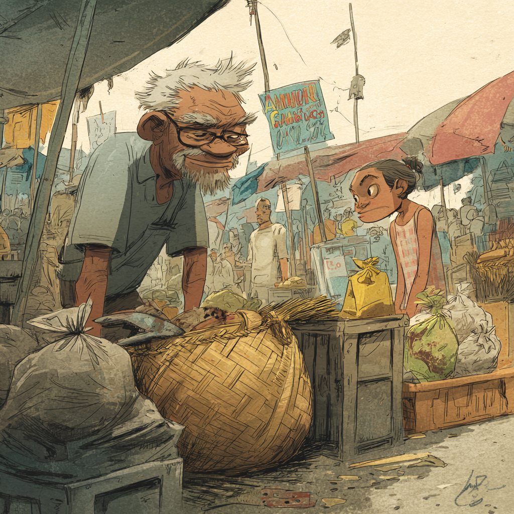 A Filipino Food Essay about a Filipino bayong hanging by a wet market stall, woven leaves and plastic bags side by side.