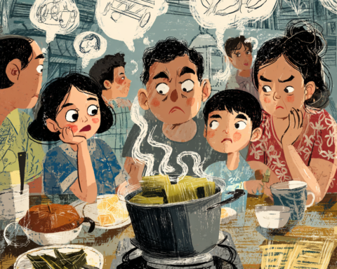 A Filipino Food Essay about Filipino coconut dishes simmering in gata in a Bicolano kitchen where a clinic cholesterol printout hangs beside the stove