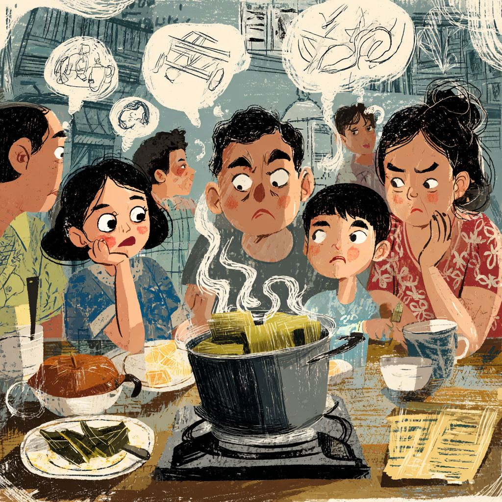 A Filipino Food Essay about Filipino coconut dishes simmering in gata in a Bicolano kitchen where a clinic cholesterol printout hangs beside the stove