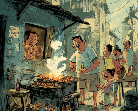 A Filipino Food Essay about men at an ihaw-ihaw grill while a woman cooks lutong bahay at a stove in a Filipino home