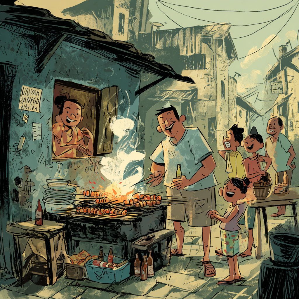 A Filipino Food Essay about men at an ihaw-ihaw grill while a woman cooks lutong bahay at a stove in a Filipino home