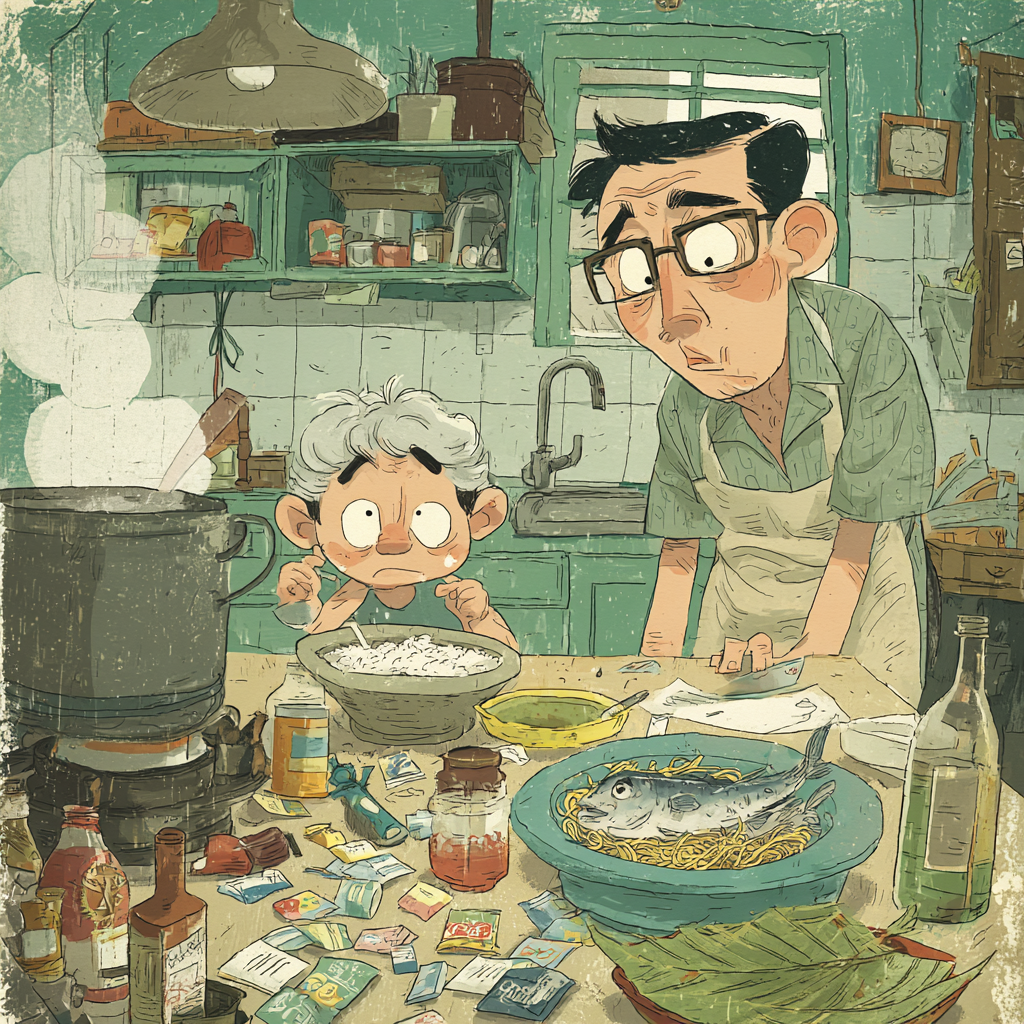 A Filipino Food Essay about Filipino sachet culture in a small Manila kitchen with plastic packets beside rice, vinegar, and fried fish