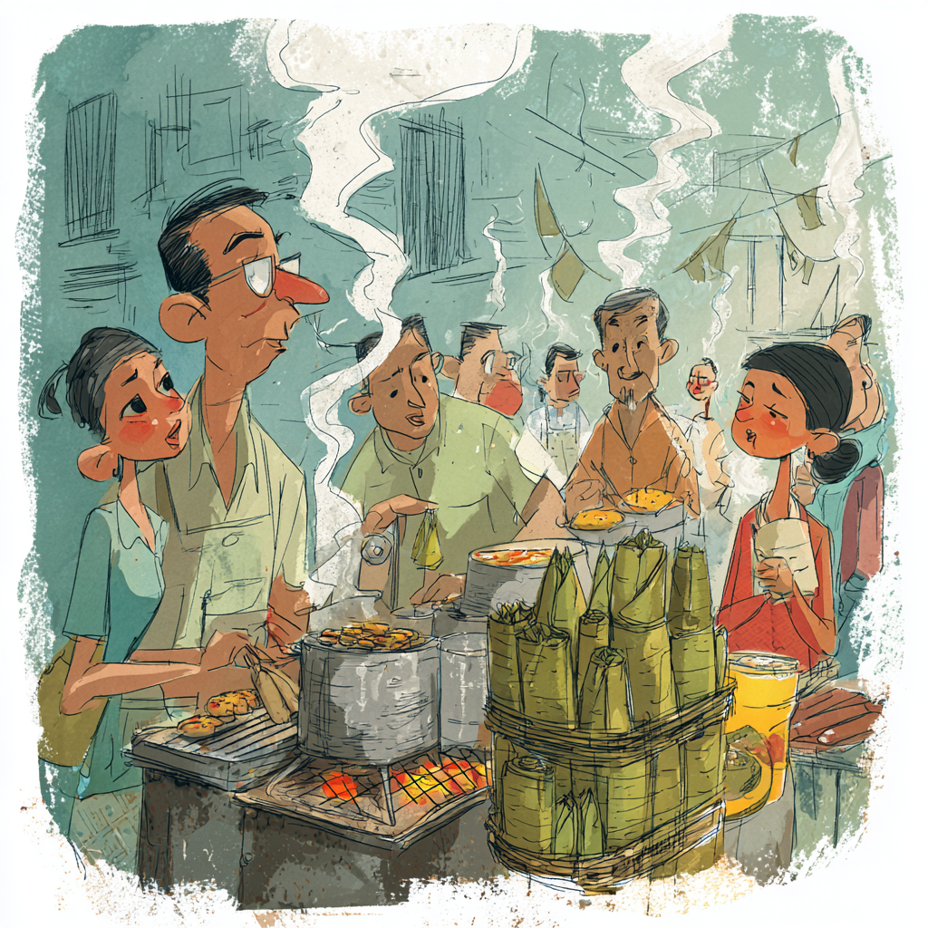 A Filipino food essay about bamboo-steamed puto bumbong and banana leaf kakanin sold outside a church stall before dawn.