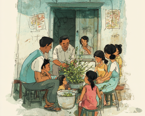 A Filipino food essay about children in a barangay health center learning backyard herbs like sambong and lagundi from a community health worker.