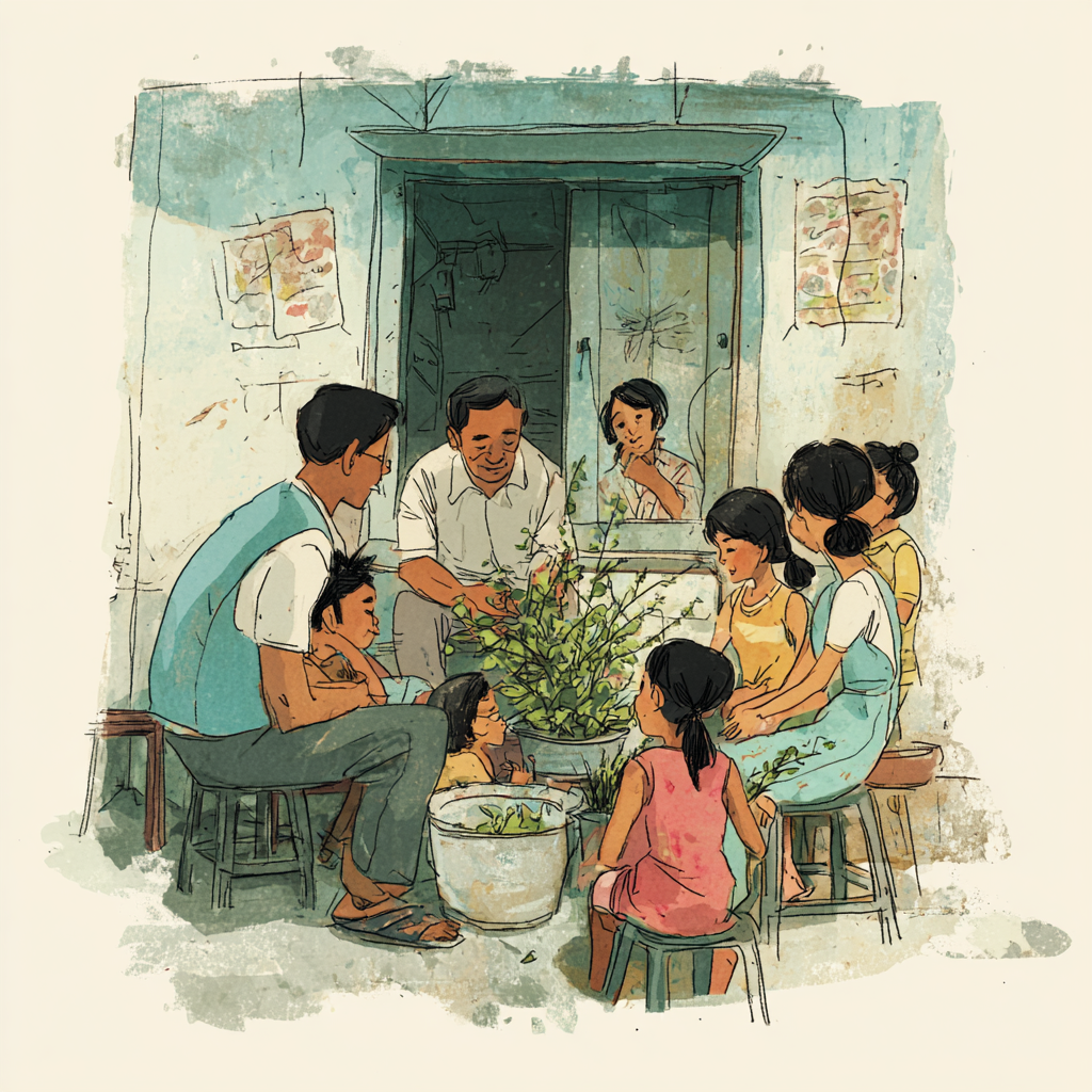 A Filipino food essay about children in a barangay health center learning backyard herbs like sambong and lagundi from a community health worker.