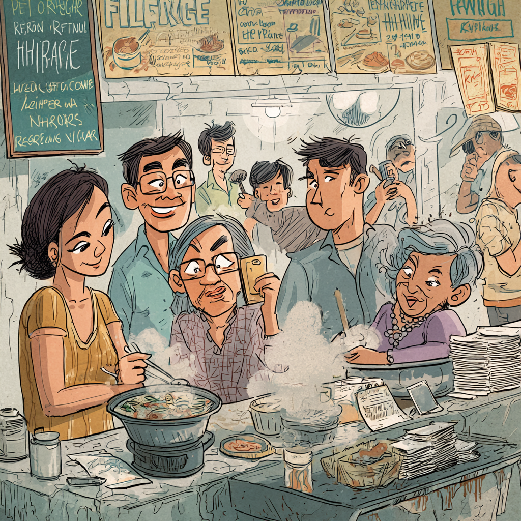 A Filipino Food Essay about Filipino heritage recipes plated in a Manila market stall while an older provincial kitchen simmers the same dish offscreen