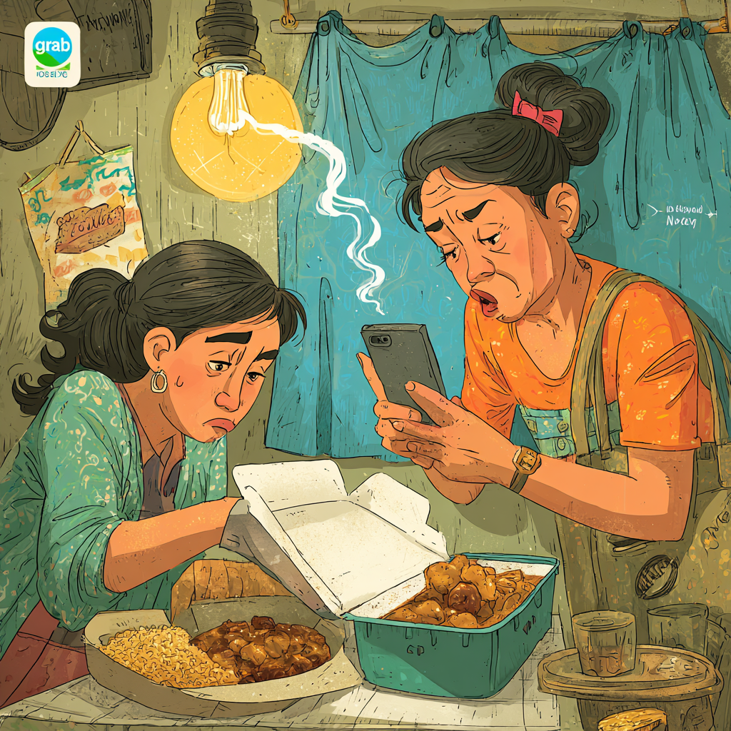 A Filipino food essay about a vendor adapting her chicken adobo for Grab delivery orders, removing traditional ingredients and absorbing platform costs. by Chef Rob Angeles.