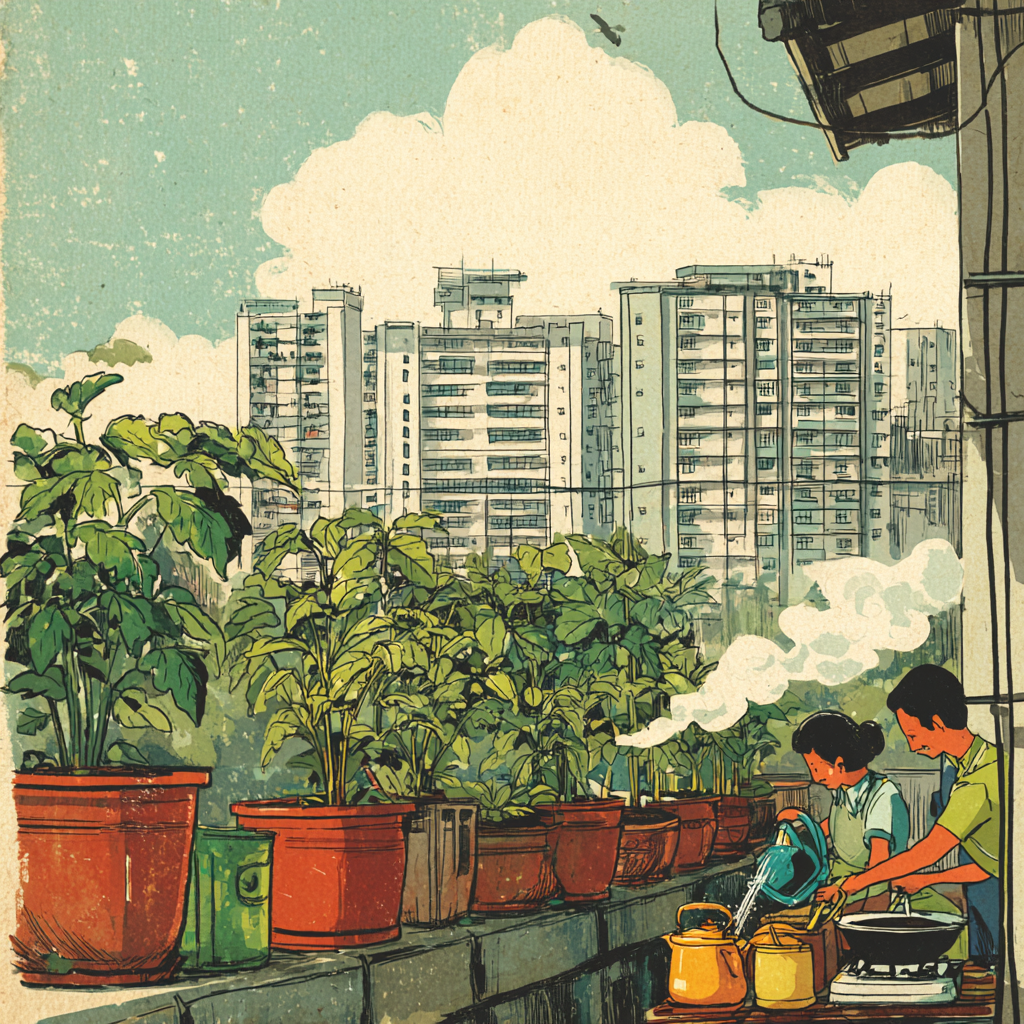 A Filipino food essay about sili and kangkong growing on balconies and traded with karinderias in the city