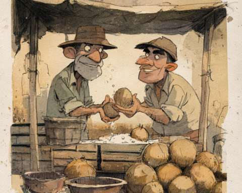 A Filipino food essay about coconut blight threatening traditional cuisine, showing a vendor's weathered hands splitting a coconut under a market tarp, by Chef Rob Angeles.