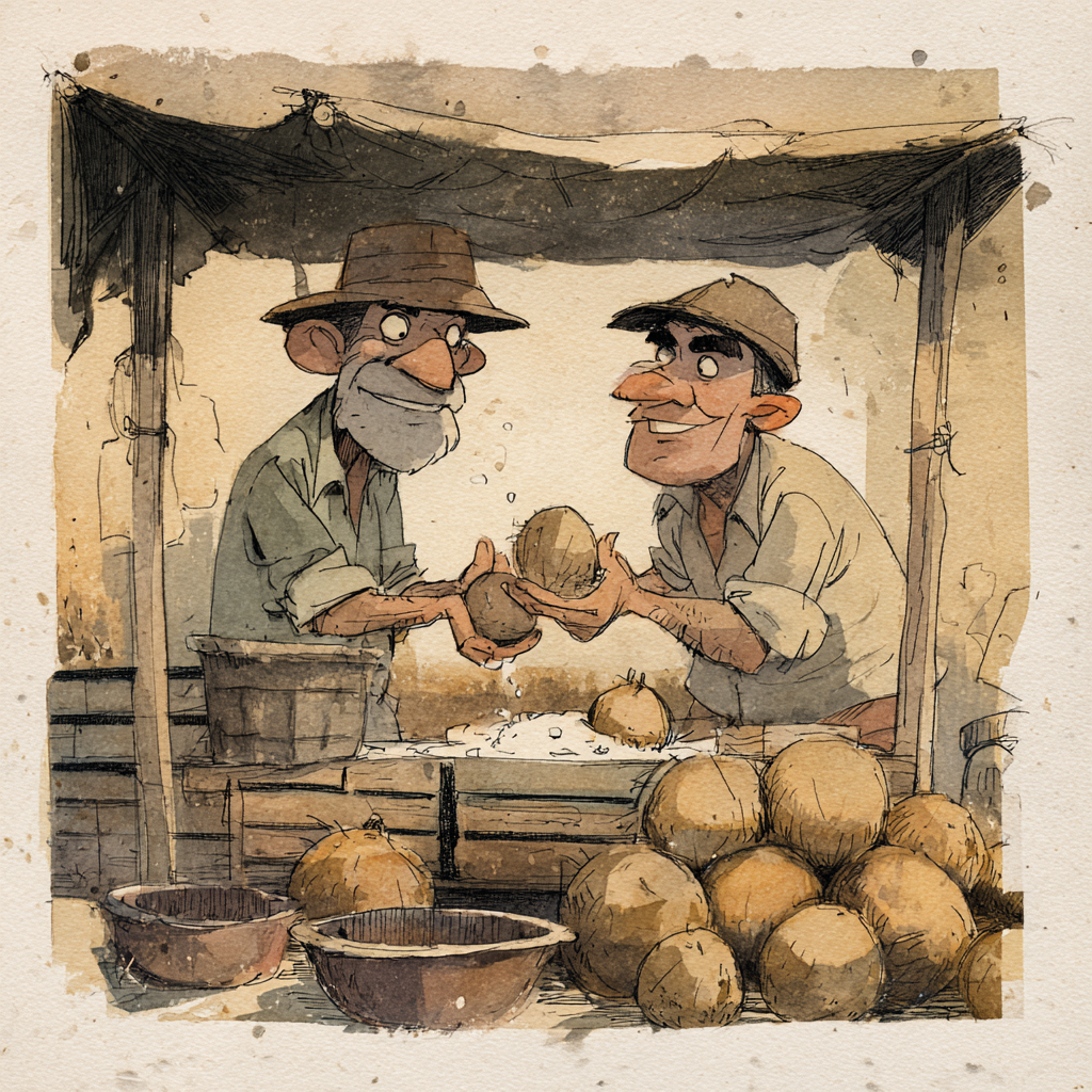 A Filipino food essay about coconut blight threatening traditional cuisine, showing a vendor's weathered hands splitting a coconut under a market tarp, by Chef Rob Angeles.