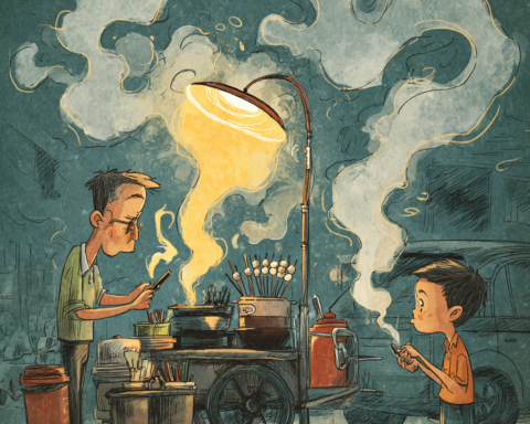 A Filipino food essay about a fishball vendor in Pasig using a ring light and phone to film daily cart work for TikTok, reflecting survival by spectacle, by Chef Rob Angeles.