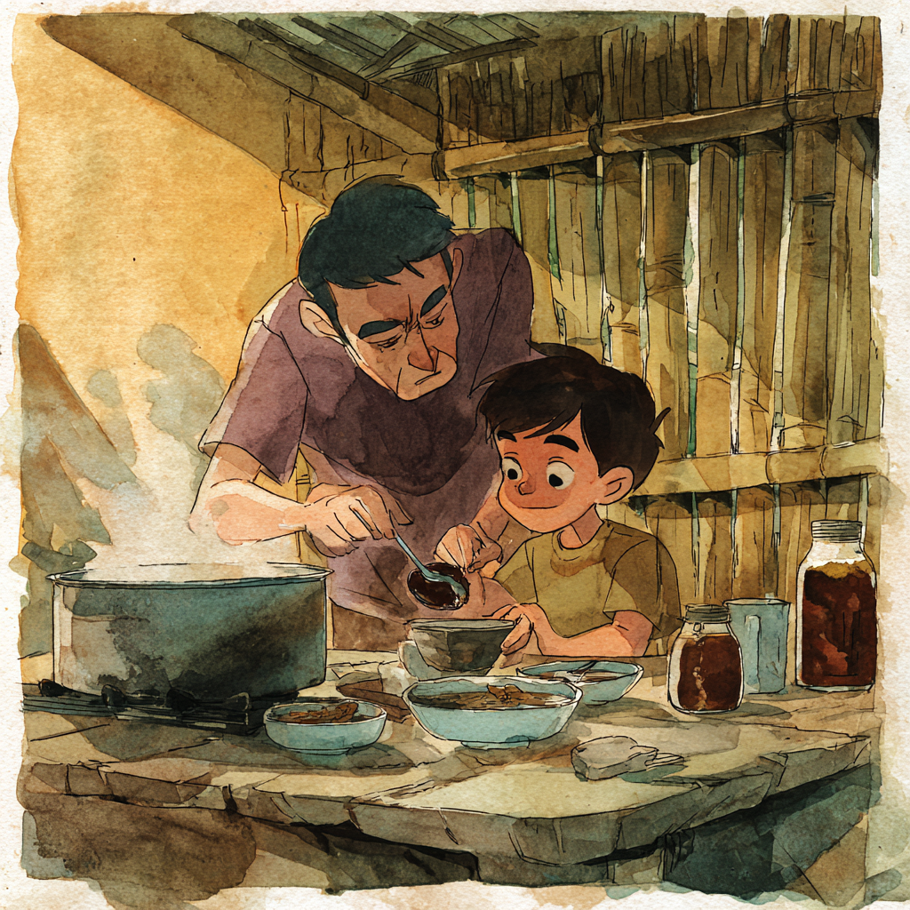 Allergy adaptations in Filipino cuisine: carinderia vendor preparing ube kare-kare for allergic child by Chef Rob Angeles.