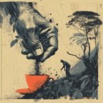 Dried cacao pod splits open revealing shriveled beans; wooden batirol rotates inside. Wilting branches, parched hillside.