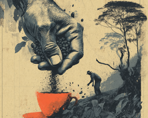 Dried cacao pod splits open revealing shriveled beans; wooden batirol rotates inside. Wilting branches, parched hillside.